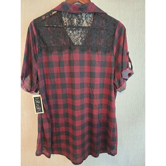 Red & Black Plaid Button-Up Shirt Lace Back Detail Roll-Up short Sleeves 2X Size - Picture 3 of 14